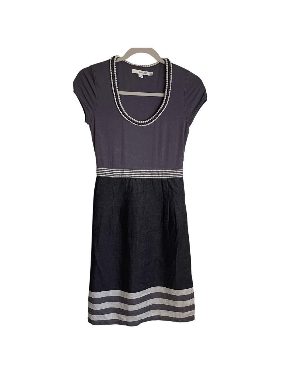 Boden Gray Linen Dress Sz 2 Cap Sleeves Beaded Neck Stripes Lined Chic Old Money